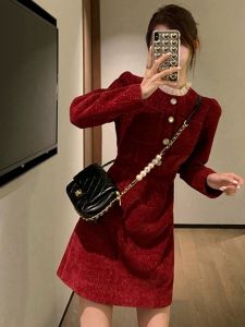 Red Chinese Style Womens Dress Spring 2024 New High-End Small Size Matching Ceremony Dress Korean Style round Neck Long Sleeve