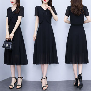 Impression Fashion: Elegant Women's Chiffon V-neck Short Sleeve & High Waist A-line Plus Size Long Dress