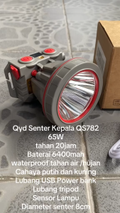 QYD Senter kepala QS782 65W Cas Super Terang IPx4 Tahan Air Headlamp LED 10jam Baterai 6400
