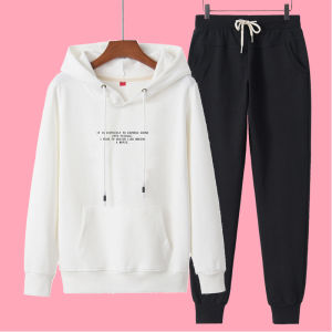 White Fleece Lined Hooded Jacket And Pants Womens Spring Autumn Thin Loose Fit Casual Sportswear Two Piece Set