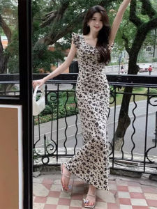 French Elegant Slim Fit Summer New Floral Print Sleeveless Dress Womens Midi Skirt Sweet Style Polyester Fiber A-Line Dress