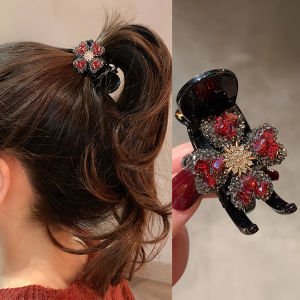 กิ๊บติดผมรูปดอกไม้สี่ใบสีดำประดับเพชรสำหรับผู้หญิง สไตล์เกาหลี แฟชั่น ทันสมัย อเนกประสงค์ สำหรับผมข้างหลังศีรษะ