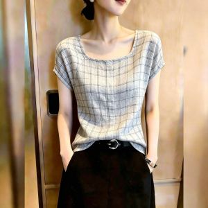 KUNAILIN | Checkered Short Sleeve Womens Blouse Slim Fit Business Casual