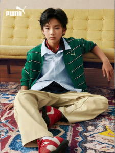 PUMA | Knitted Casualwear Single Button V-Neck Striped Color Block Kids Outerwear