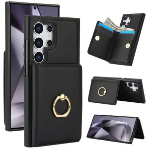 Card Case For Samsung With Ring Bracket Leather Case Mobile Phone Case Wallet Bag Case Cover With Card Holder Casing Cases For Samsung Galaxy S24 Ultra S24 Plus S23 Ultra S3 FE S22 Ultra S22 Plus S21 FE Note20 Ultra Cards Slot Case