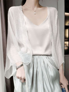 สไตล์จีนใหม่อ่อนโยน ผู้หญิง ฤดูร้อน เสื้อผ้าป้องกันแสงแดดแฟชั่นใหม่พร้อม กระโปรง แจ๊กเก็ตผ้าคลุมไหล่เล็ก คาร์ดิเกน ปกบางขึ้น