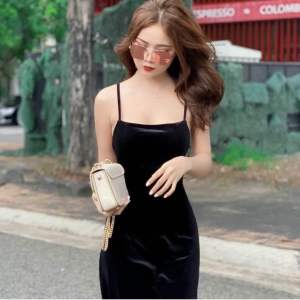 (Hàng sẳn kho)Đầm Nhung 2 Dây Thiết kế dáng dài Midi(có mút ngực)
