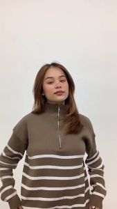 Sweater Wanita Oversize Knit Premium Turtle Neck Motif Strip