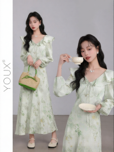 YOUXIANG | Đầm Xanh Hoa Cổ Đô Vintage Dáng A