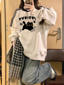Áo Nỉ in Hình Mèo Dáng Rộng Mỏng Mùa Xuân Thu Phong Cách Mỹ Cổ Điển Cho Nữ Áo Nỉ Thường Ngày Dài Tay Cổ Tròn
