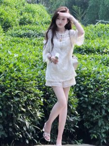 SHANGSHA | Cool and Graceful Summer Short Set for Petite Chinese Style Lace Off-shoulder