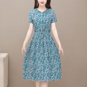 Fashionable Large Size Cotton Linen Floral Print Dress Summer New Style Mom Midlife Stylish Belted Skirt for Younger Women