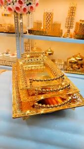 【COD】Nampan Cantik Mewah Kristal Gold / Baki Emas dengan Handle untuk Tempat Aqua Kue Gelas Zam Zam / Nampan Buah Sultan Arab Mewah