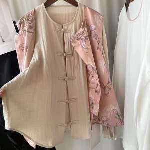 Large Size Pure Cotton Stand Collar Long Sleeve Open Cardigan Womens Autumn Winter Cotton Shirt Layering Fashion Chinese Style