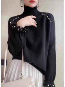 Retro Red High Collar Beaded Knitwear Womens Loose Cashmere Sweater Overhead Soft Nurturing Base Shirt Woolen Sweater