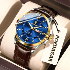 POEDAGAR Fashion Man Watch Waterproof Luminous Date Week Business Men Watch High Quality Leather Mens Quartz Wristwatches Reloj