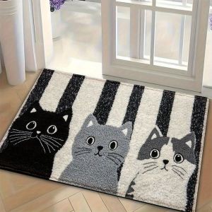 VIKAMA Striped Peeking Cat Bath Mat Soft Fluffy Anti Slip Cute Kitten Bathroom Entry Floor Rug Pet Home Decor