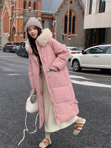 Thickened Mid-Length Cotton Jacket Womens 2024 New Korean Style Over-Knee Hooded Fur Collar Cotton Coat Sweet Loose Fit