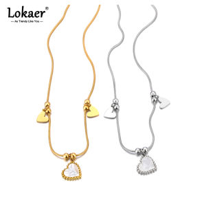 Lokaer Stainless Steel Romantic Heart Natural Shell Pendant Necklace for Women Fashion Chain Rust Proof Golden Jewelry N23089