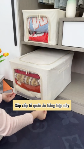 (Giặt được) Hộp đựng quần áo khung thép form dài vải Cotton và lanh Thiên Sơn cao cấp bảng đáy PP cứng cáp TD132