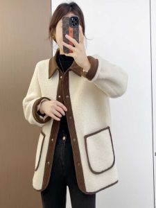 Fashionable Color-Block Sheepskin Jacket with Lapel for Women Loose Spring Autumn Winter Warm Polyester Fiber Outerwear