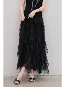 Black Tulle Skirt Irregular Flared High Waist