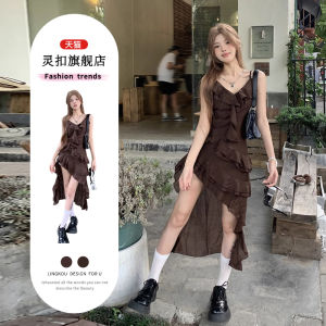 ชุดเดรสยาวทรงเอสไตล์ฝรั่งเศสย้อนยุคสำหรับฤดูร้อน กระโปรงสั้นไม่สมมาตรพร้อมขอบลูกไม้ ชุดเดรสสั้นสำหรับผู้หญิง ชุดเดรสยาวทรงเอ