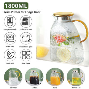 Water Pitcher High Borosilicate Glass Jug With Stainless Steel Lid Leakproof Fridge Door Carafe For Hot Or Cold Beverage (1.8 L/63 Oz.) Transparent