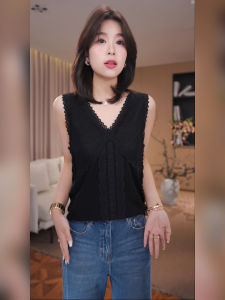 Slimming Lace Sleeveless V-Neck Tank Top Womens Base Layer Fashion Outerwear GZQJ Black Entropy Overlap Summer Tank Top