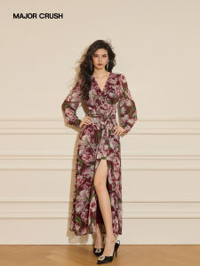 French V-Neck Butterfly Floral Print Elegant Dress