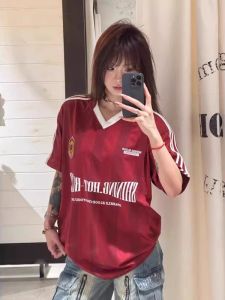 American Style Ice Silk Stripe V-Neck Short Sleeve T-Shirt Womens Summer Quick Dry Half Sleeve Retro Three Bars Sports Top