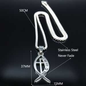 Ichthys Jesus Fish Cross Christ God Pendant Necklace for Women Men Stainless Steel Gold Color Christian Chain Jewelry N1482S02