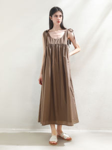 Miccbeirn | Silk Cotton French Style Sleeveless Vest Dress Sweet Butterfly Knot Strap Dress Fashionable U-neck Holiday Long Dress