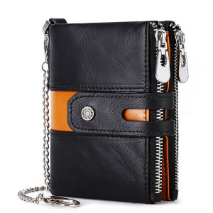 HUMERPAUL Genuine Leather Mens Wallet Fashion Quality Travel Purse Rfid Protect Credit Card Holder Wollst for Men with Chain