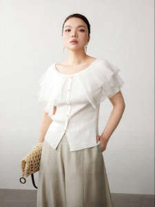 Lustrous Twisted Lyocell Organza Frill French Romantic Fitting Top