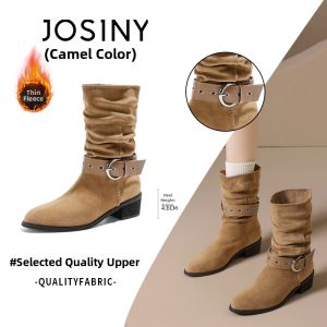 Josiny | Pointed Toe Thick Pile Womens Mid Calf Boots Western Style