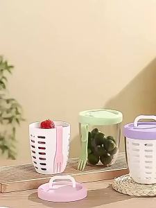 Cylindrical Plastic Salad Container with Fork Multifunctional Portable Fruit Cup Built In Drainage for Lunch Snack Meal Prep