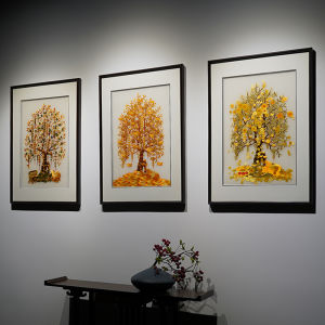 Handmade Chinese New Style Sofa Wall Decorative Painting Office Tea Room Living Room Three-Panel Embroidery Wealth Tree Artwork