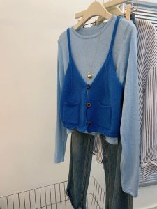 ชุดเสื้อสเวตเตอร์ถักแขนยาวสองชิ้นสีน้ำเงิน Klein สำหรับผู้หญิง ดีไซน์หรูหรา ชุดแฟชั่นฤดูใบไม้ร่วง โพลีเอสเตอร์ 81% - 90%