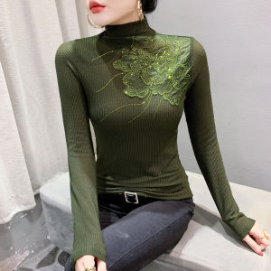 YIMEI เสื้อเชิ้ตตัวในฤดูใบไม้ร่วงและฤดูหนาวคอสูงสำหรับง่ายและอเนกประสงค์มีสไตล์ทรงพลัสไซส์เสื้อสวมหัวพอดีตัวแน่นติดเพชรประดับดอกไม้