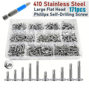 171-Piece 410 Stainless Steel Phillips Self-Drilling Screw Kit #8 1/2 to 1-1/2 with Screwdriver Suitable for Metal