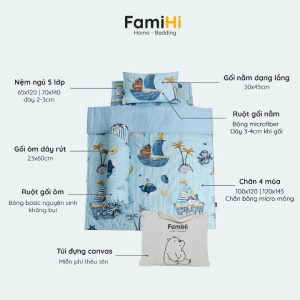Bộ nệm gối mền cho bé đi học mẫu giáo mầm non tiểu học FamiHi cao cấp chăn trẻ em Cotton Sateen 100% sợi tự nhiên.