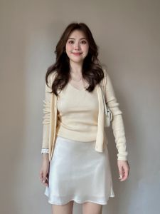 Korean Style High Waist Yellow Knitted Crop Top with Acetate Skirt Set Womens Fashion Autumn Outfit Long Sleeve Vest