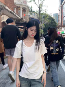 Loose U-Neck Short Sleeve Womens T-Shirt Korean Style Casual Pure Color Top Summer Slimming Inner Wear White Big Collar