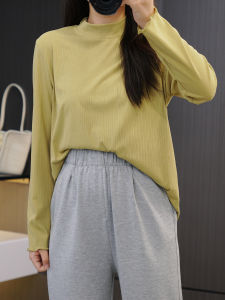 2024 New plus Size Half High Collar Long Sleeve Base Shirt Womens Elastic Slim Knitted Top Wood Grain Edge Casual Korean Style