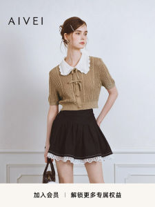 Sweet Doll Collar Short Sleeve Knitted Sweater AIVEI Brand Linen Cotton Blend Comfortable Fit Summer Fashion Ladies Top