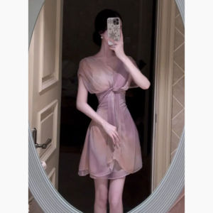 Elegant V-neck Short Skirt Halter Neck Chiffon Slim Fit Summer Fashion Dress Ladylike Quality Polyester Fiber Gathered Waist