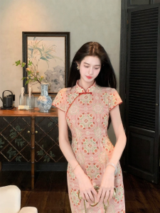 New Chinese Style Vintage Printed Faux Bamboo Linen Slim Fit Summer Qipao Dress