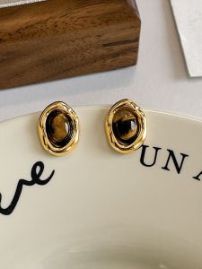 925 Pure Silver Earrings Irregular Kidney Bean Tiger Eye Stone Earring Fashionable Retro Light Luxury High-end Feel