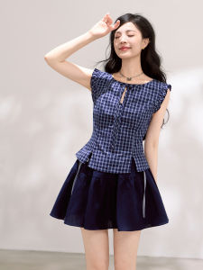 KEIKO | Retro Navy Check Peplum Slimming Sleeveless Shirt